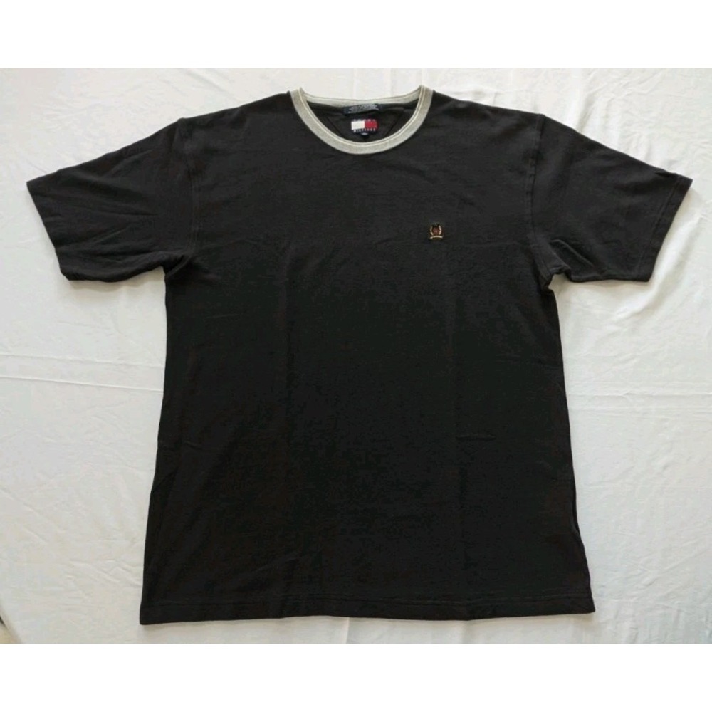 Vintage Tommy Hilfiger Heavyweight Pique Knit Ringer T Shirt Mens XL Black Crest